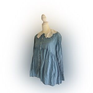 Blue Button-Up blouse with White Lace Collar